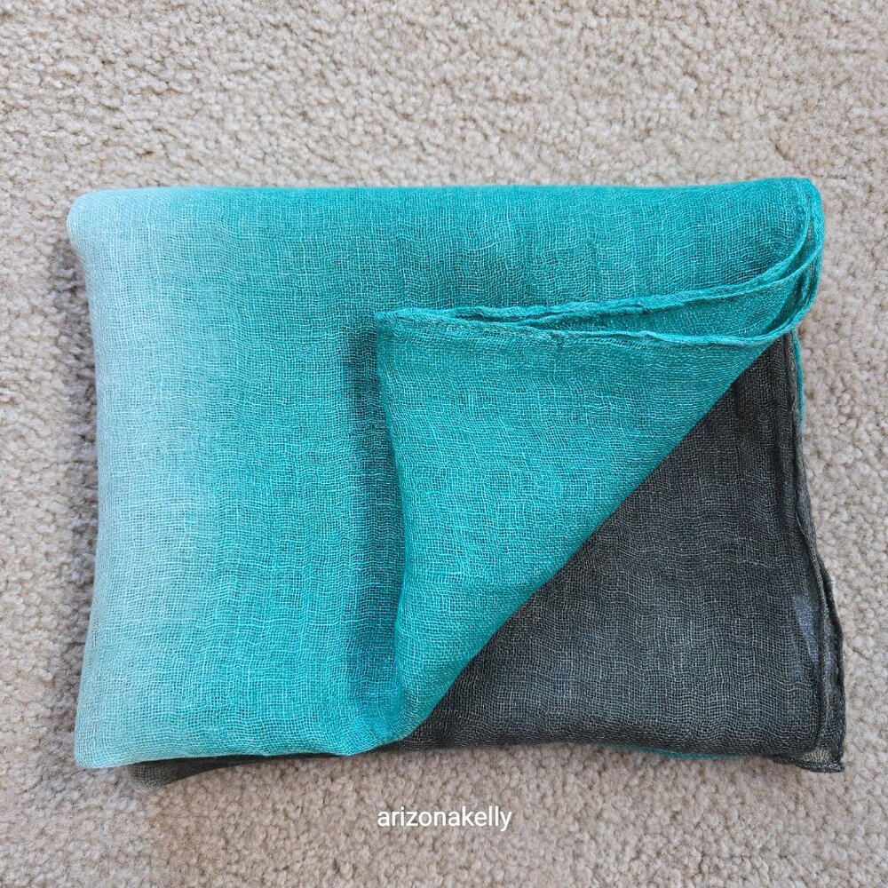 Eileen Fisher Linen Scarf Gradient Ombre Bluish Green to Brownish Green - Picture 9 of 9